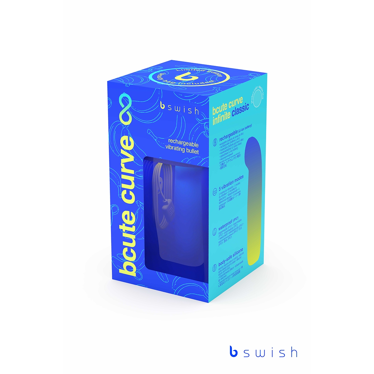 Angled view of the Blue B Swish vibrator designed for intimate use