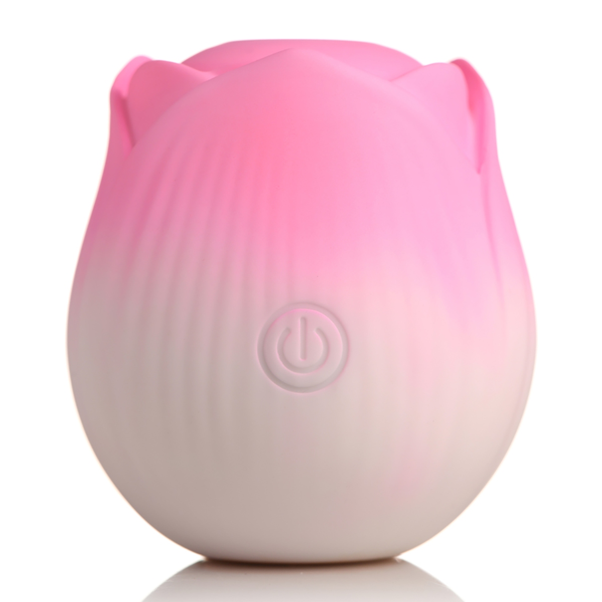 Pink XR Brands vibrator Bloomgasm Pulsing Petals Throbbing Rose Stimulator shown in hand for scale