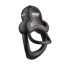 Black Honey Play Box vibrator Anello App-Controlled Double Cock Ring with Clitoral Stimulator shown in hand for scale