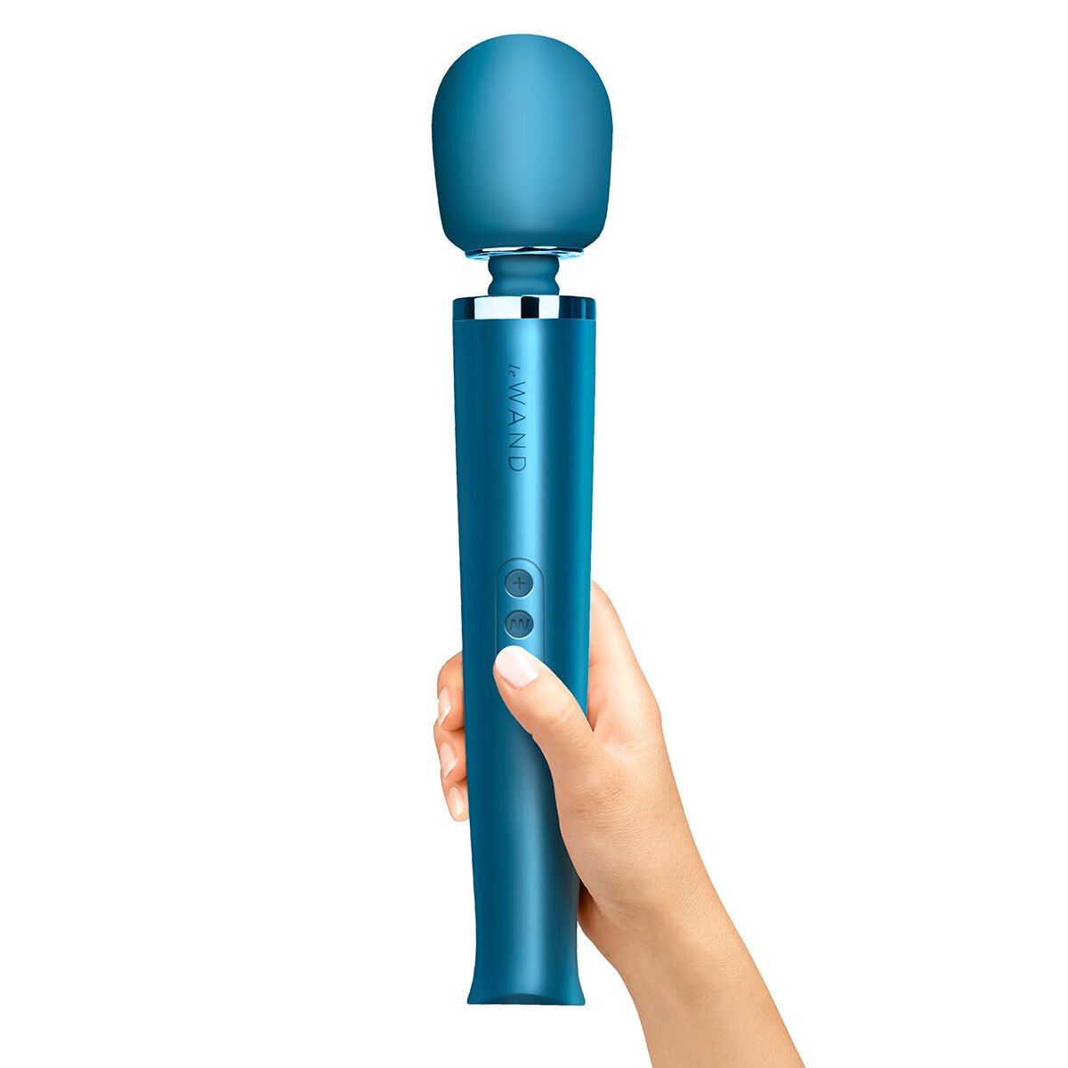 Angled view of the Blue Le Wand vibrator designed for intimate use