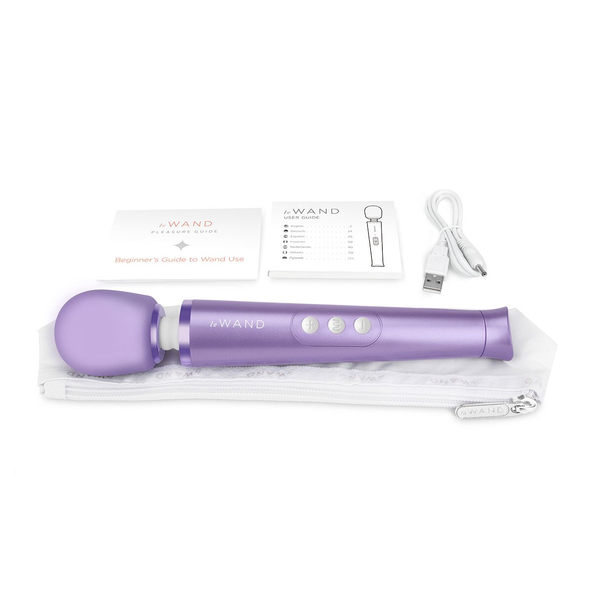 Angled view of the Violet Le Wand vibrator designed for intimate use