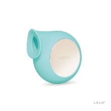 Aqua LELO vibrator Sila shown in hand for scale