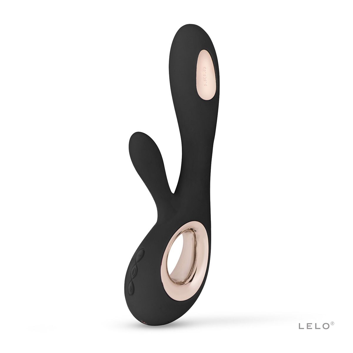 Black LELO vibrator Soraya Wave shown in hand for scale