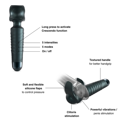 Angled view of the  Man Wand vibrator designed for intimate use