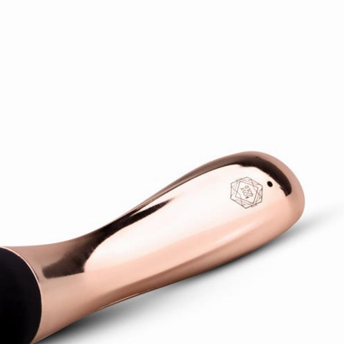 Angled view of the Gold Rosy Gold vibrator designed for intimate use