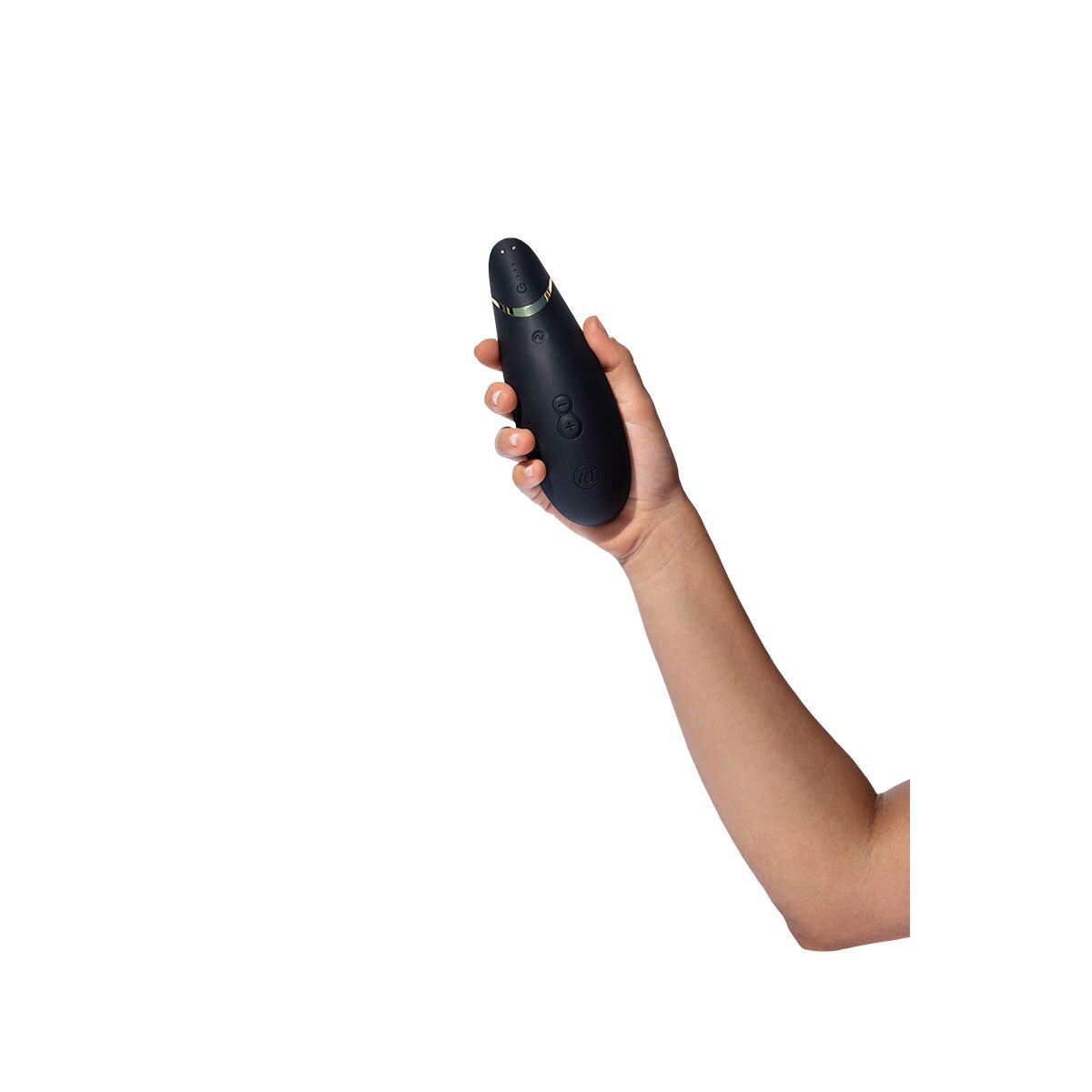 Angled view of the Black Womanizer vibrator designed for intimate use