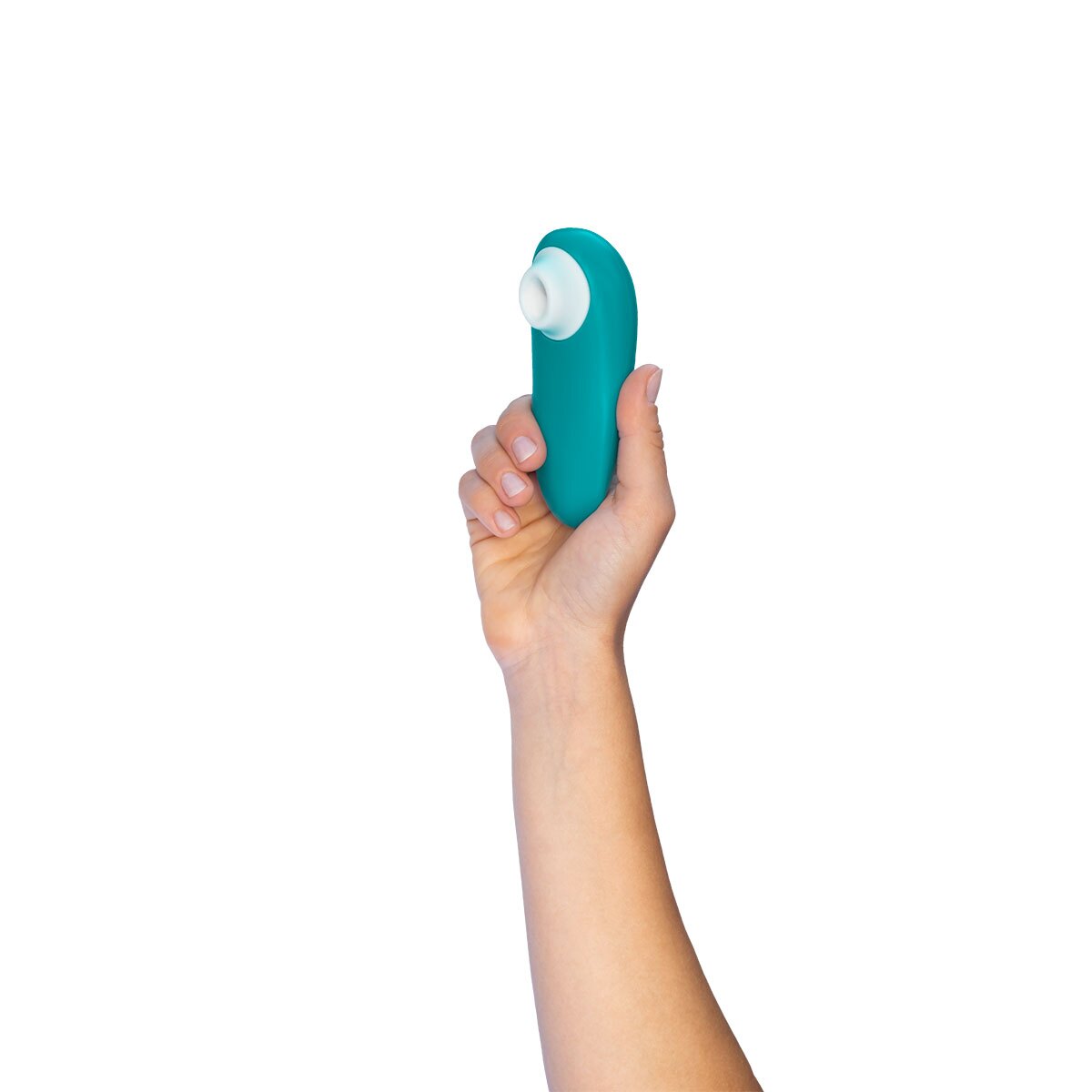 Angled view of the Turquoise Womanizer vibrator designed for intimate use