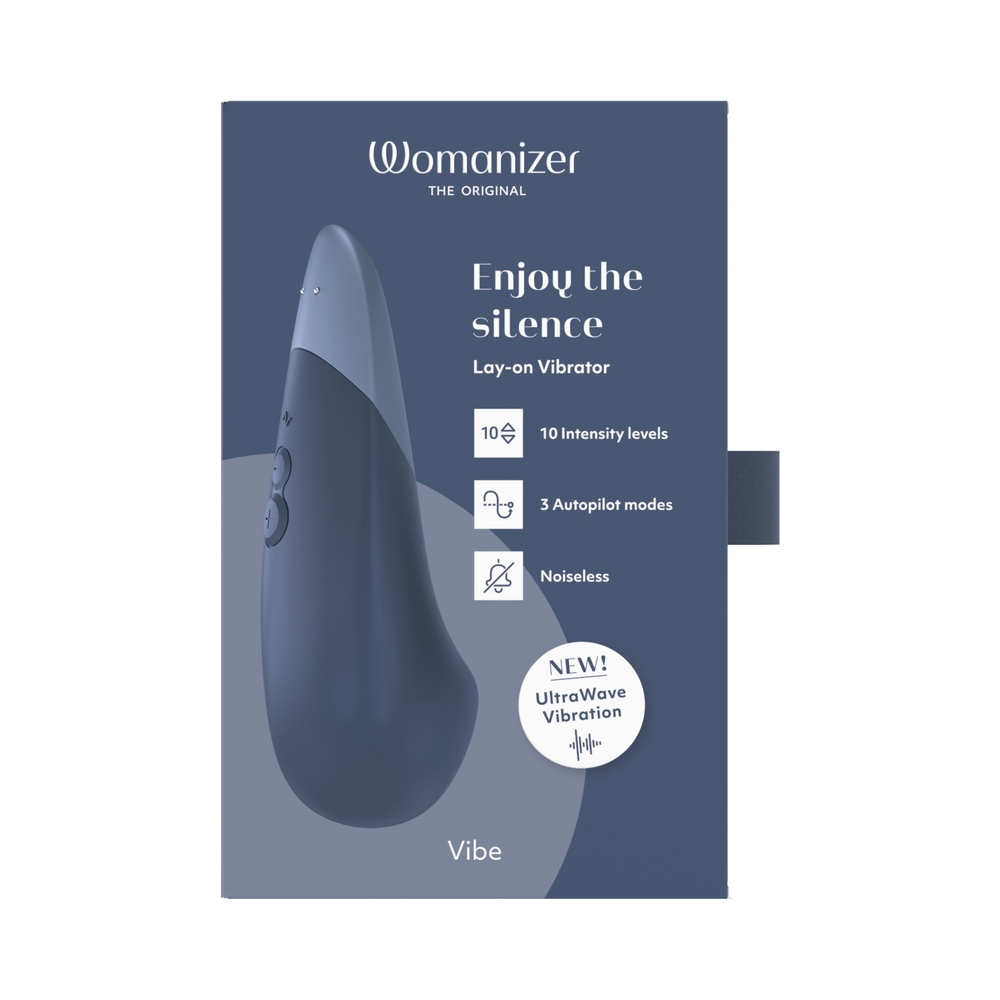 Close-up of the Dark Blue Womanizer vibrator for texture detail