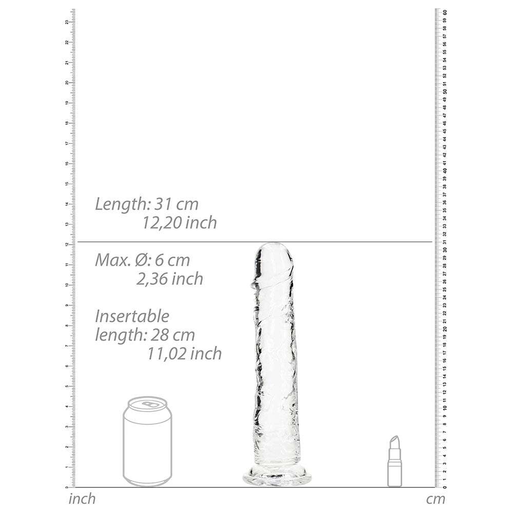 11 inch Dildo by Shots in Clear displayed for pegging Him or Her