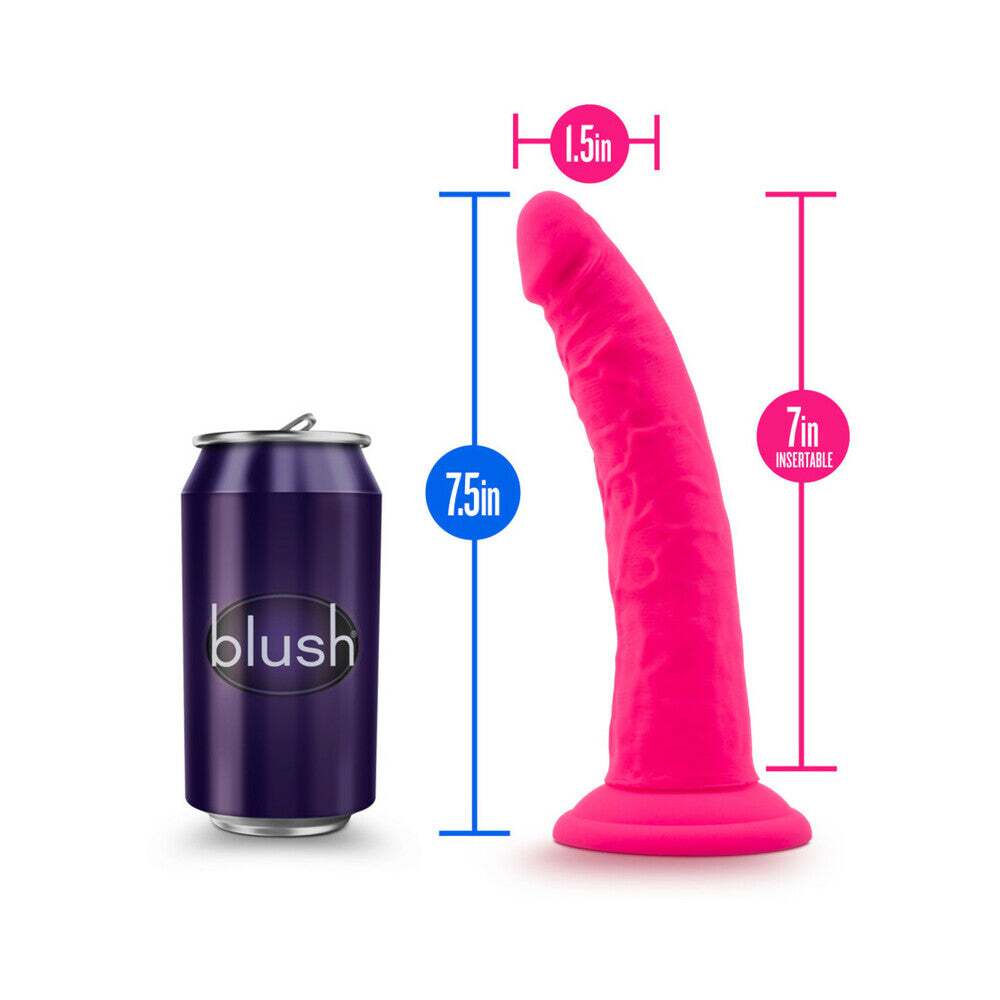 7.5 inch Dildo by Blush in Hot Pink Magenta Fuchsia displayed for pegging Him or Her