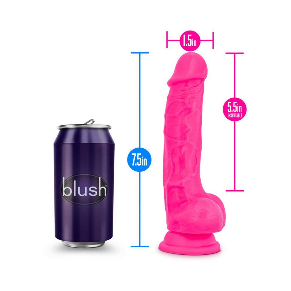 7.5 inch Dildo by Blush in Hot Pink Magenta Fuchsia displayed for pegging Him or Her