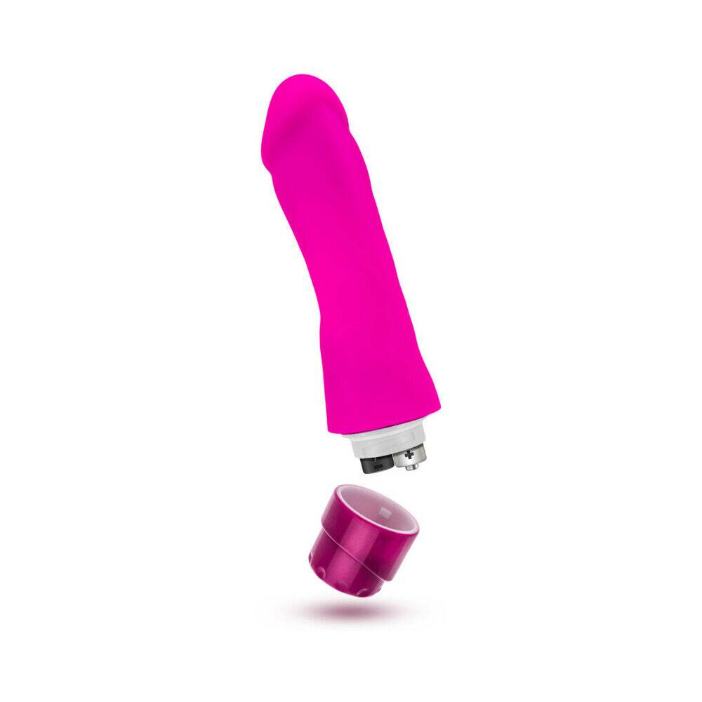 7.75 inch Dildo by Blush in Hot Pink Magenta Fuchsia displayed for pegging Him or Her