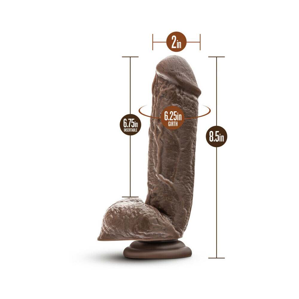 8.5 inch Dildo by Blush in Dark Brown displayed for pegging Him or Her