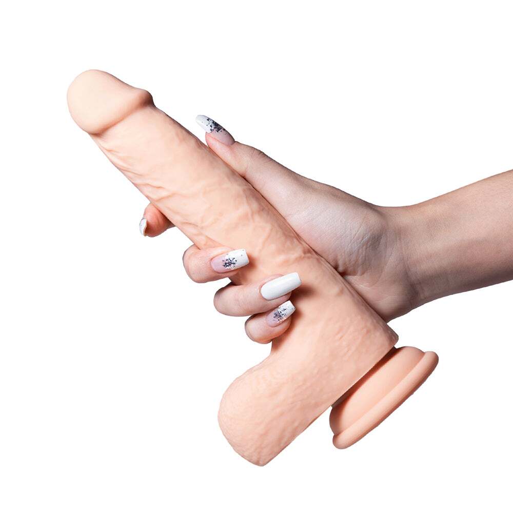 8.5 inch Dildo by Honey Play Box in Vanilla Ivory Beige shown for pegging Her or Him