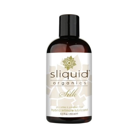 Bottle of 8.5 oz Vegan Lube Sliquid showing plant-powered formula