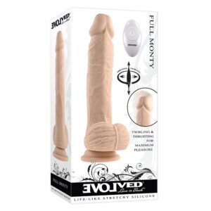 9 inch Dildo Evolved Vanilla Ivory Beige Full Monty Rechargeable Remote Controlled Thrusting Twirling Silicone Light