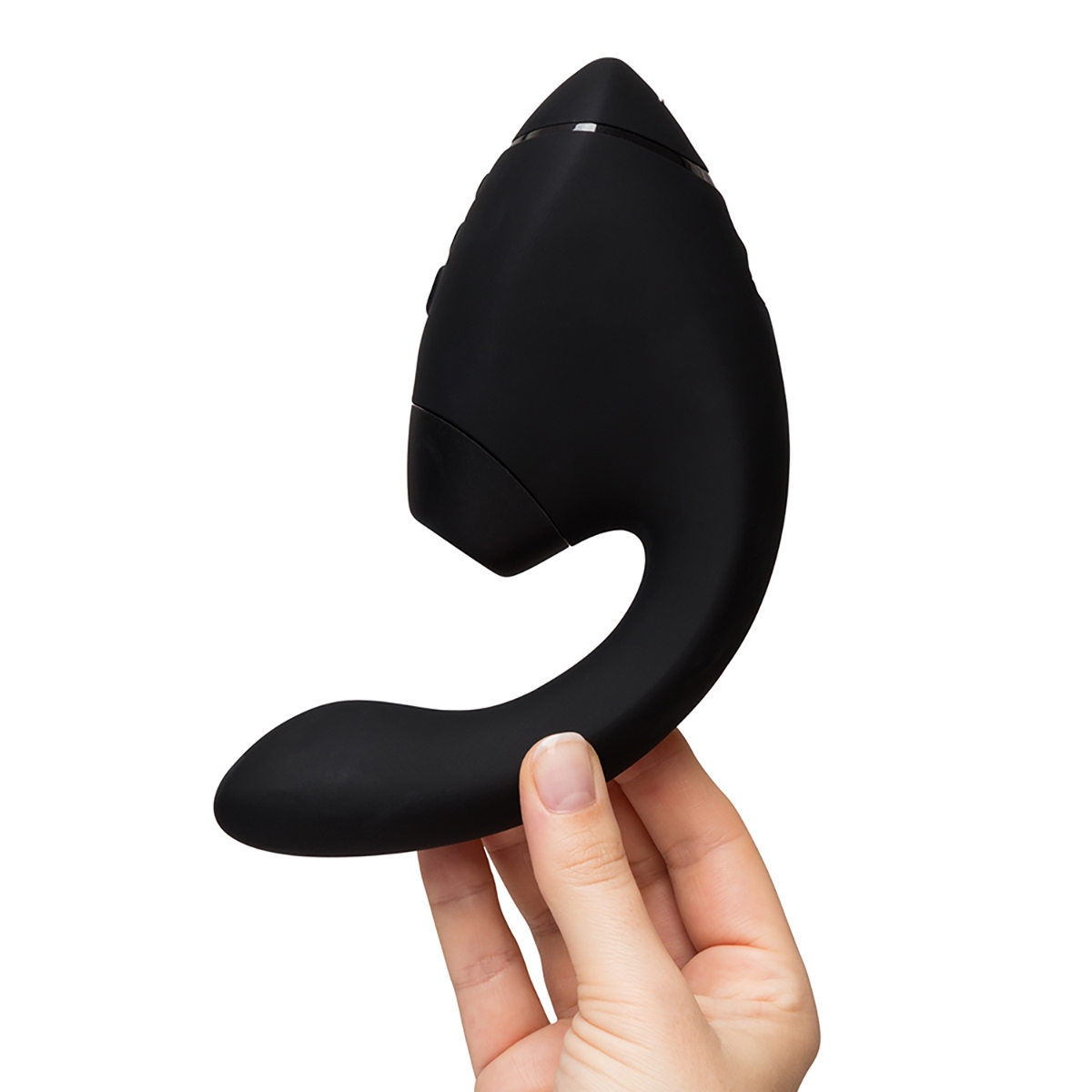 Angled view of the Black Womanizer vibrator designed for intimate use