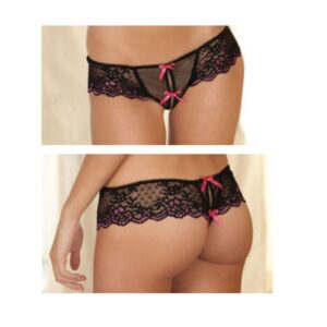 Black Panties Crotchless Lace Thong With Bows M/L by Rene Rofe