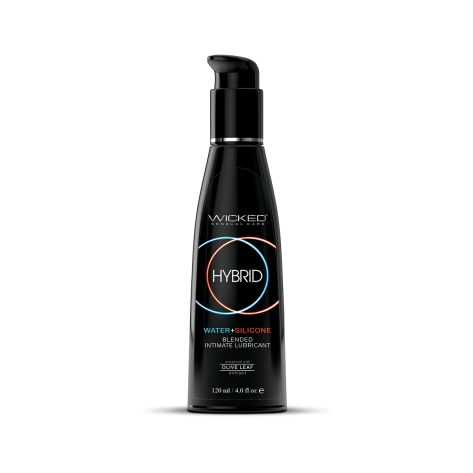 Bottle of  Hybrid Lube Wicked Sensual Care showing water-silicone fusion formula
