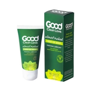 Bottle of  Water Based Lube Good Clean Love showing clean, lightweight formula