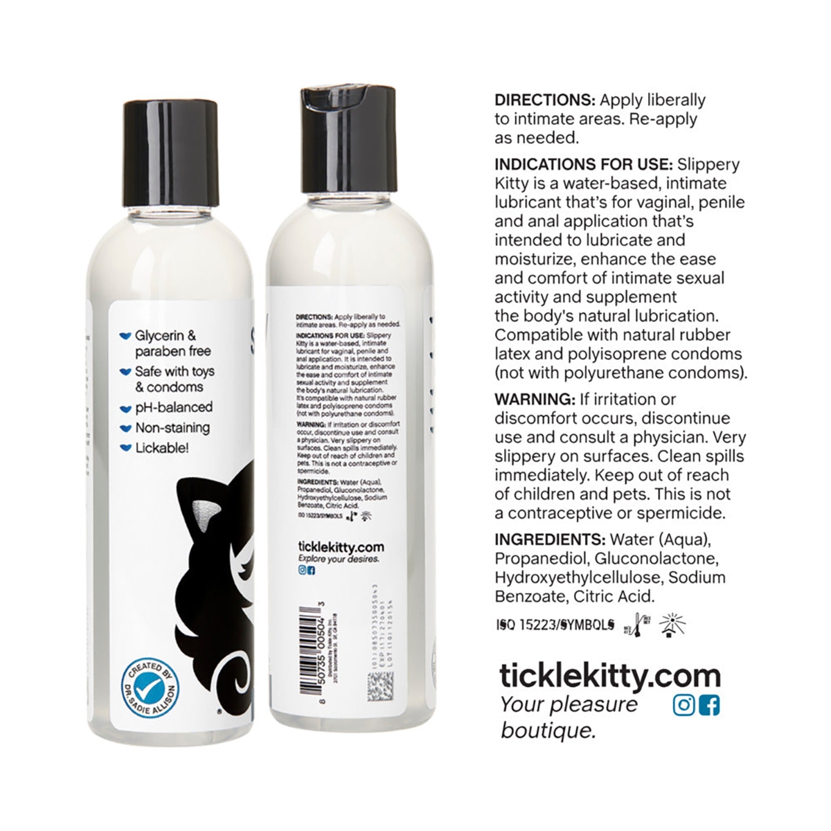 Soft-focus bottle shot of  Water Based Lube Tickle Kitty emphasizing easy-clean formula
