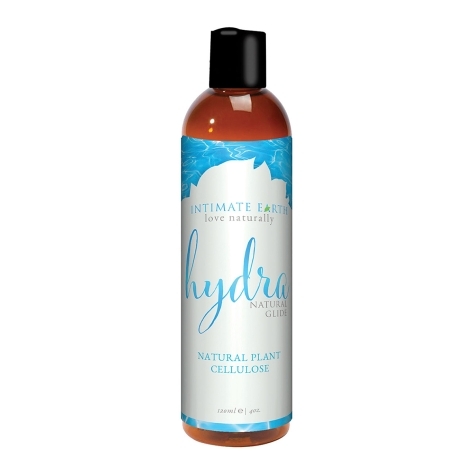 Bottle of 4 oz Vegan Lube Intimate Earth showing plant-powered formula