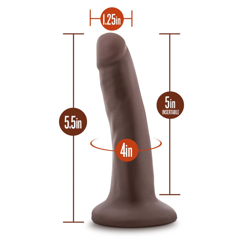 5.5 inch Dildo by Blush in Dark Brown displayed for pegging Him or Her
