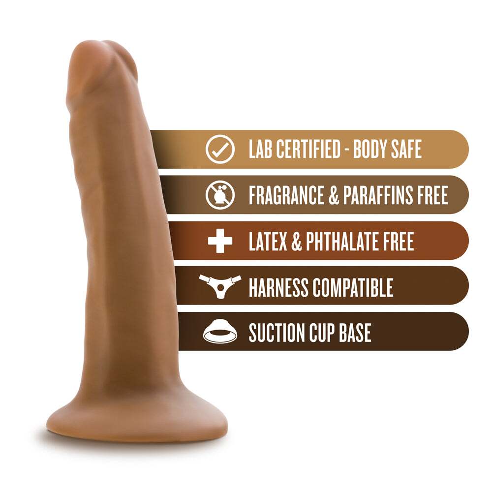 5.5 inch Dildo by Blush in Tan Light Brown Mocha displayed for pegging Him or Her