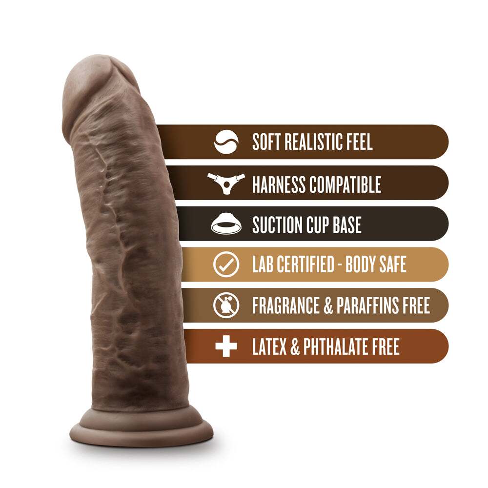 8 inch Dildo by Blush in Dark Brown displayed for pegging Him or Her