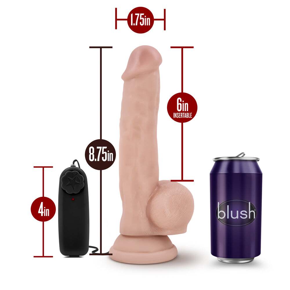 8.75 inch Dildo by Blush in Vanilla Ivory Beige displayed for pegging Him or Her