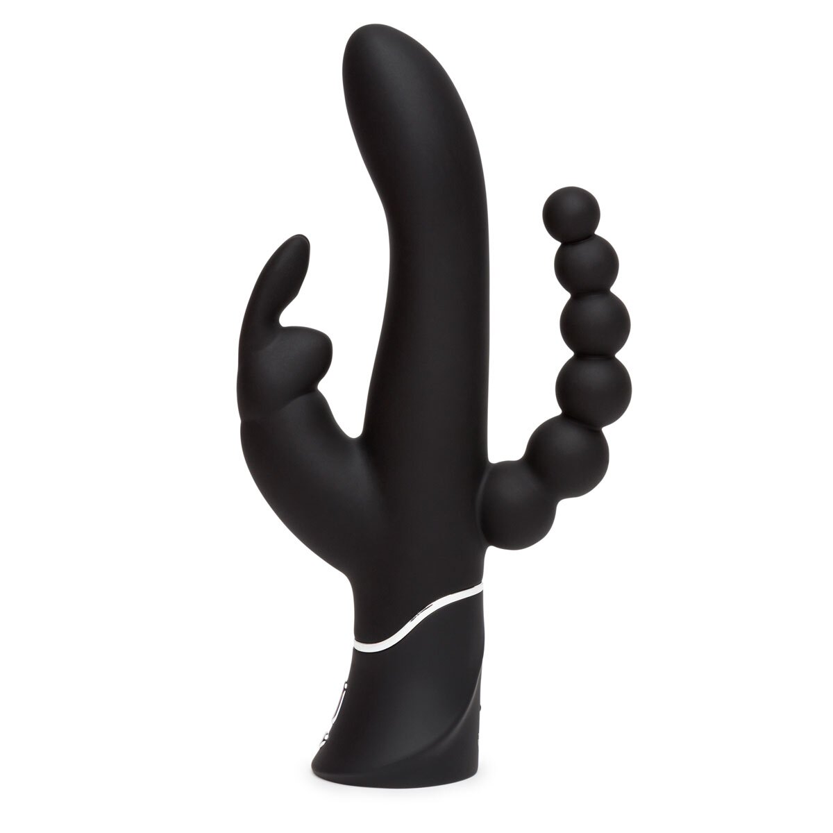 Angled view of the Black Happy Rabbit vibrator designed for intimate use