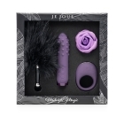Midnight Je Joue vibrator Magic: Duet , Mio Ring, Feather Tickler, Rose Bath Melt shown in hand for scale