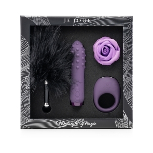 Midnight Je Joue vibrator Magic: Duet , Mio Ring, Feather Tickler, Rose Bath Melt shown in hand for scale