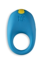 Blue ROMP vibrator Juke C-Ring shown in hand for scale