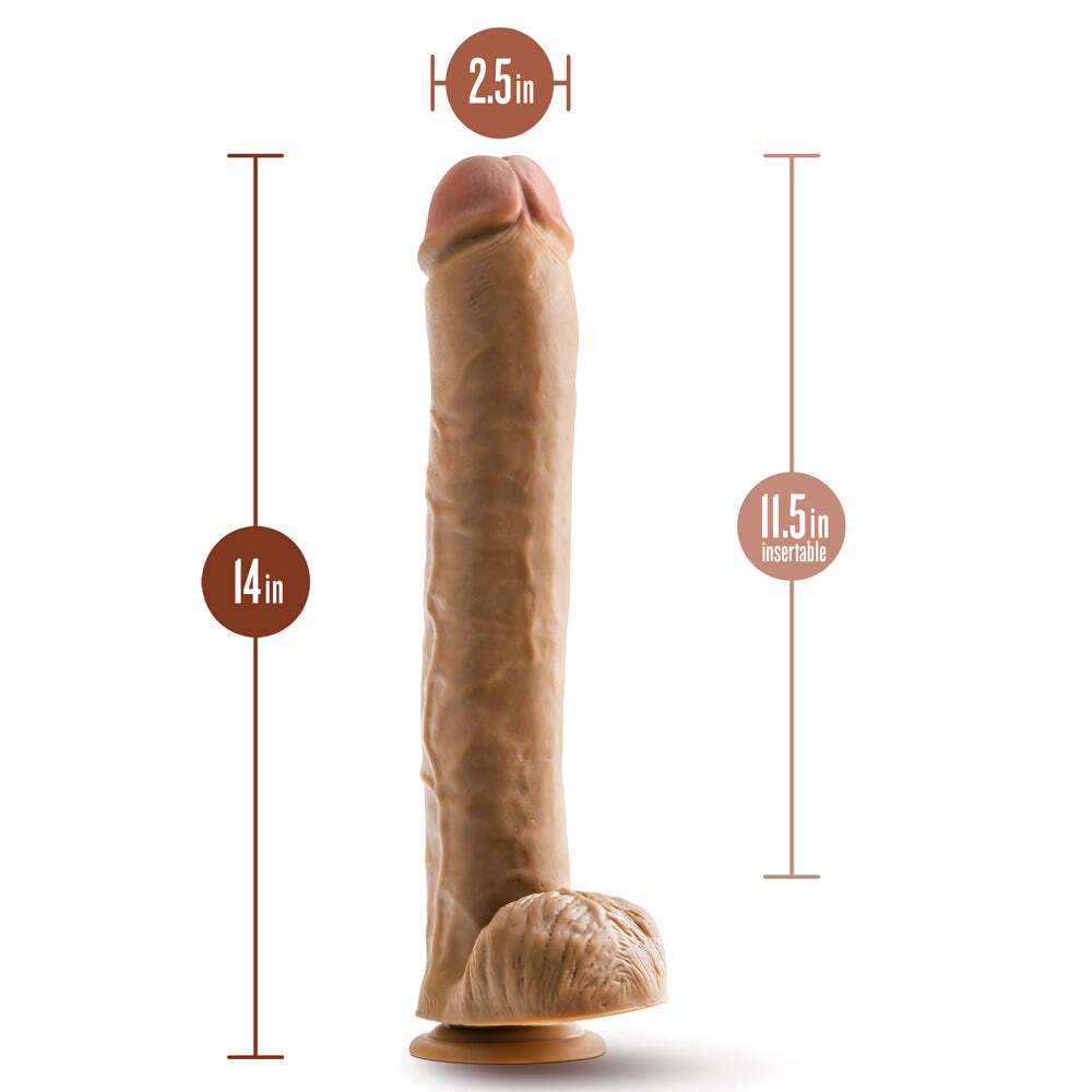 14 inch Dildo by Blush in Tan Light Brown Mocha shown for pegging Her or Him