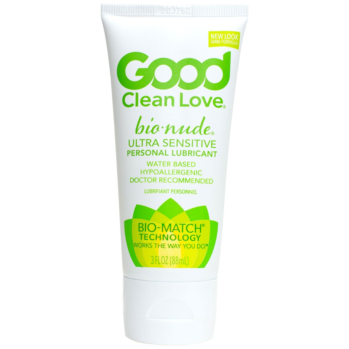 Bottle of 3 oz Water Based Lube Good Clean Love showing clean, lightweight formula