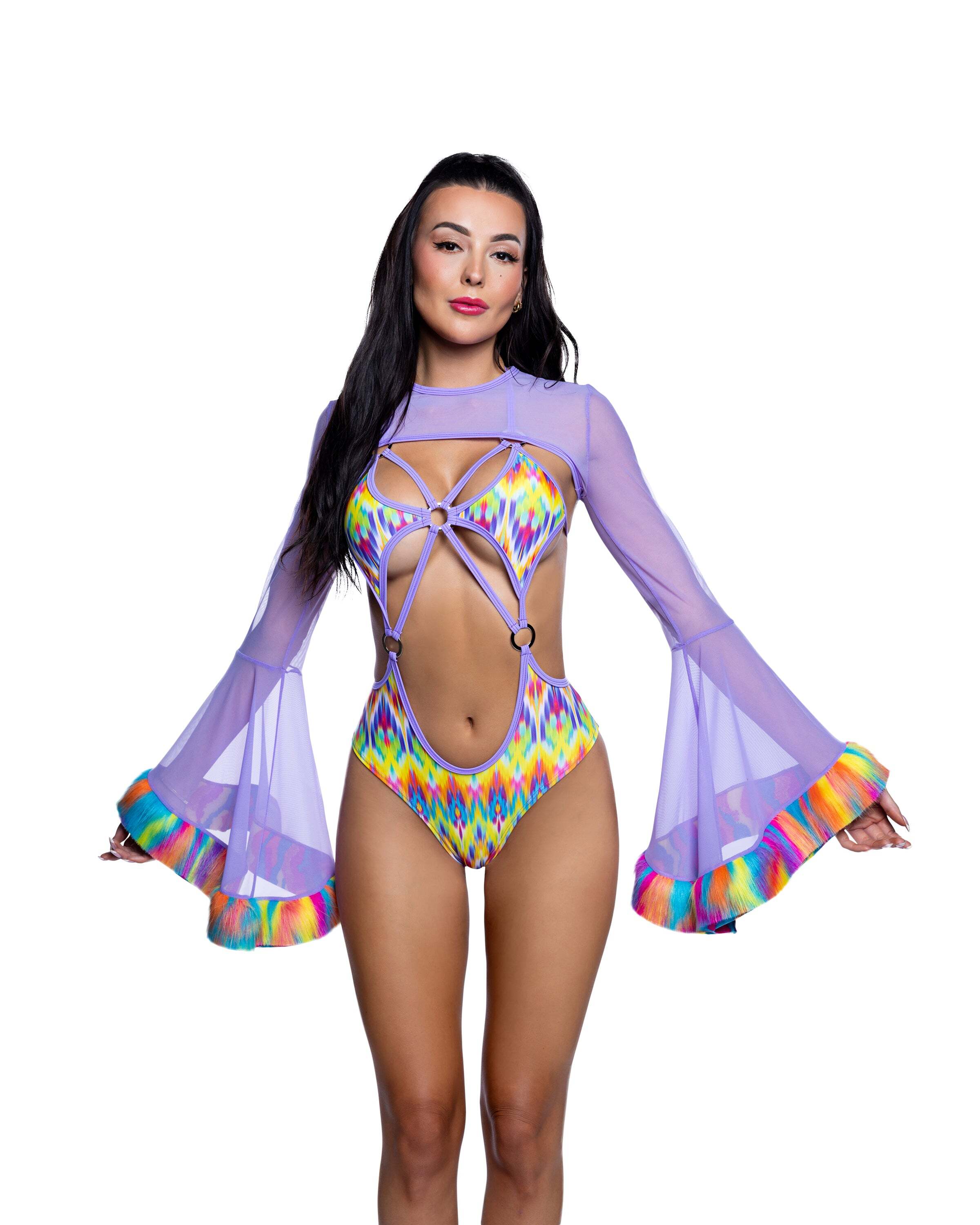 Lavender melted crayon furry trimmed mesh rave shrug with sheer mesh