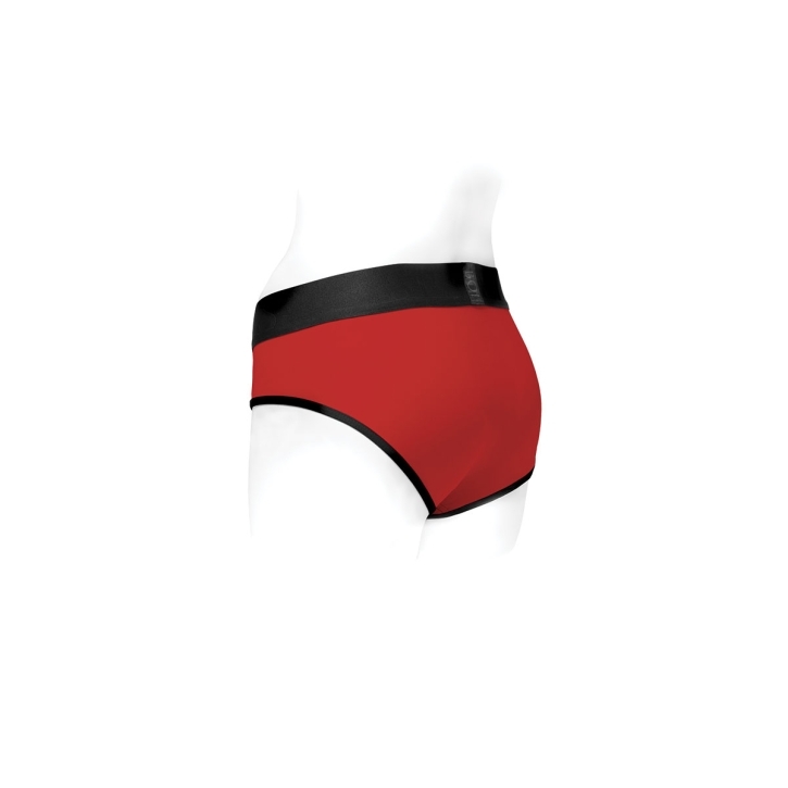The Tomboi Harness Dildo Red Black Nylon Xxs harness dildo is styled with modern detailing that enhances both aesthetics and performance