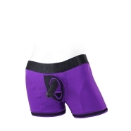 The XL Tomboii Purple Black Nylon harness dildo is styled with modern detailing that enhances both aesthetics and performance