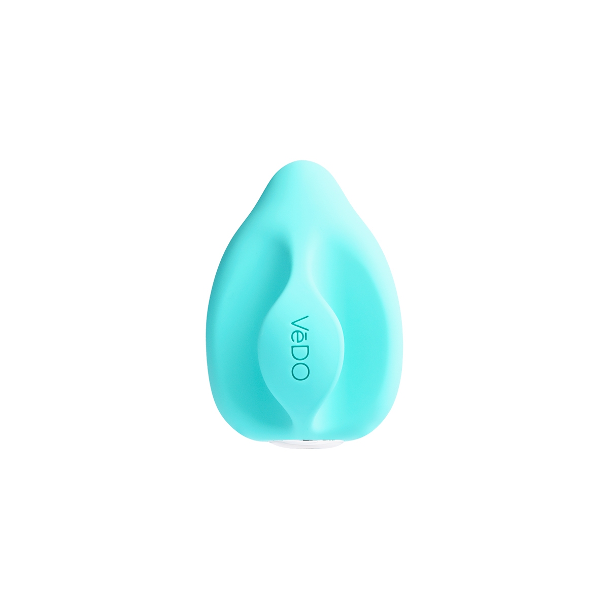 Turquoise VeDO vibrator Yumi Finger shown in hand for scale