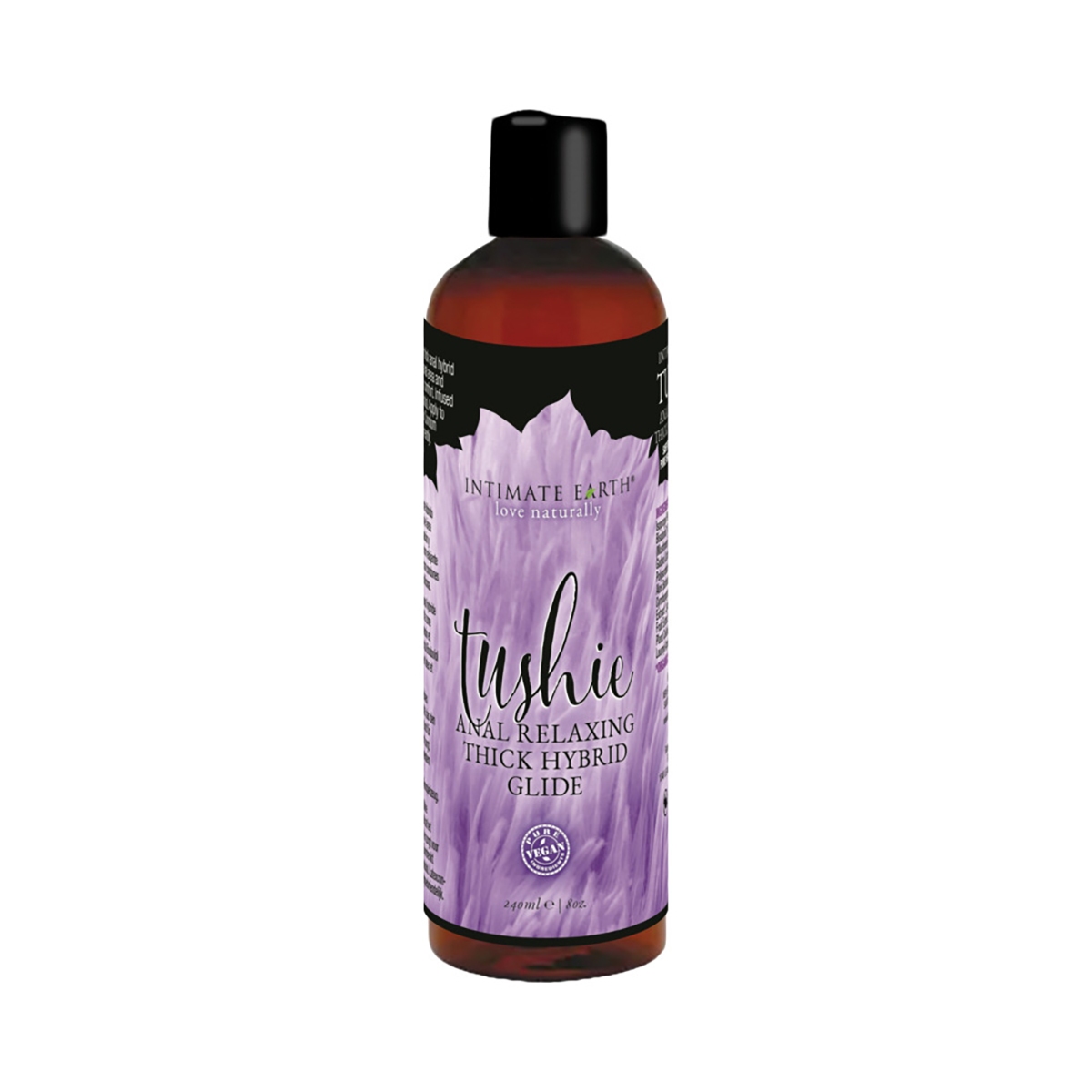 Bottle of  Vegan Lube Intimate Earth showing plant-powered formula