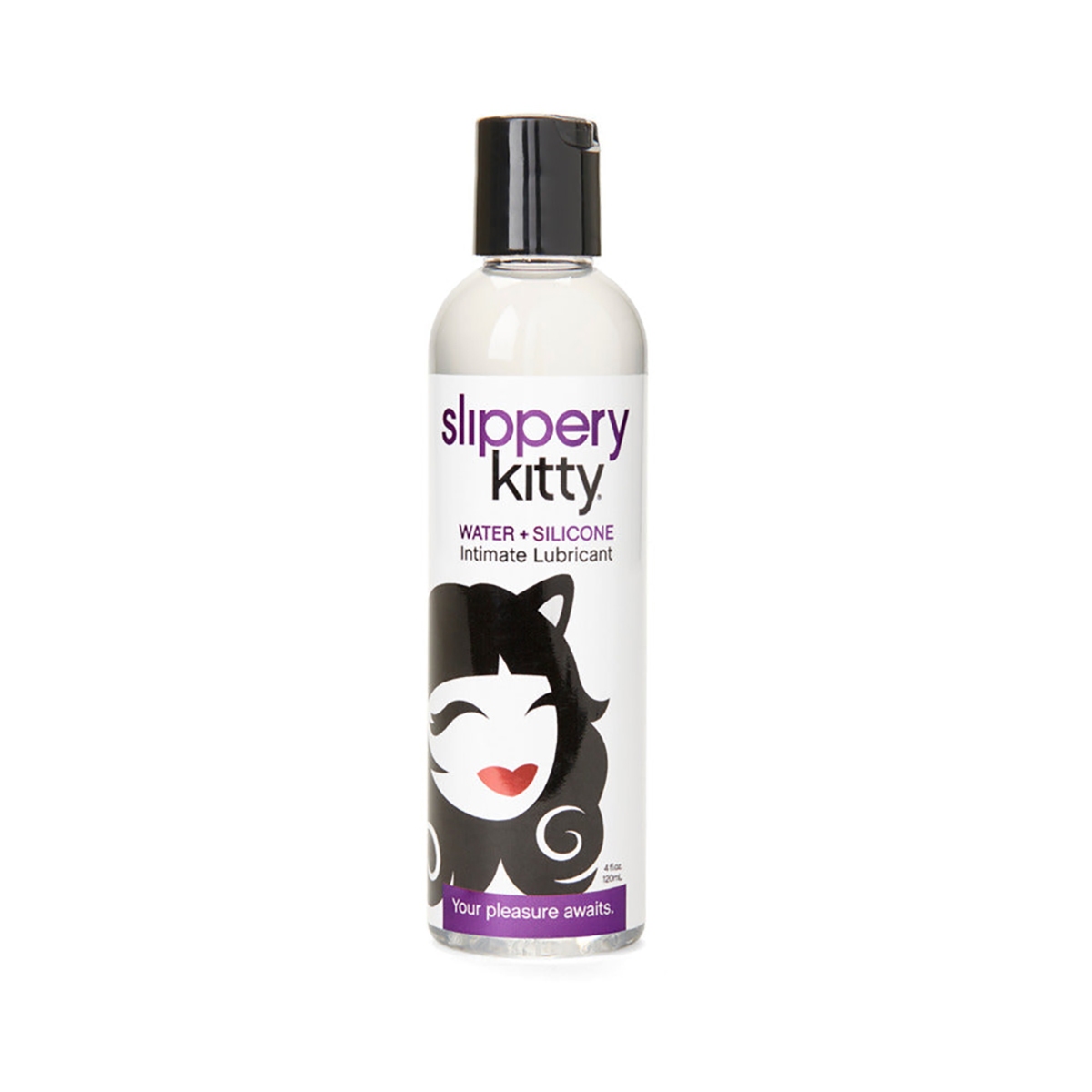 Bottle of  water based lube tickle kitty showing clean, lightweight formula