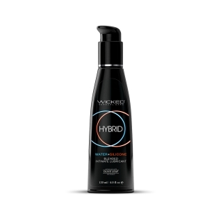 Bottle of  Hybrid Lube Wicked Sensual Care showing water-silicone fusion formula