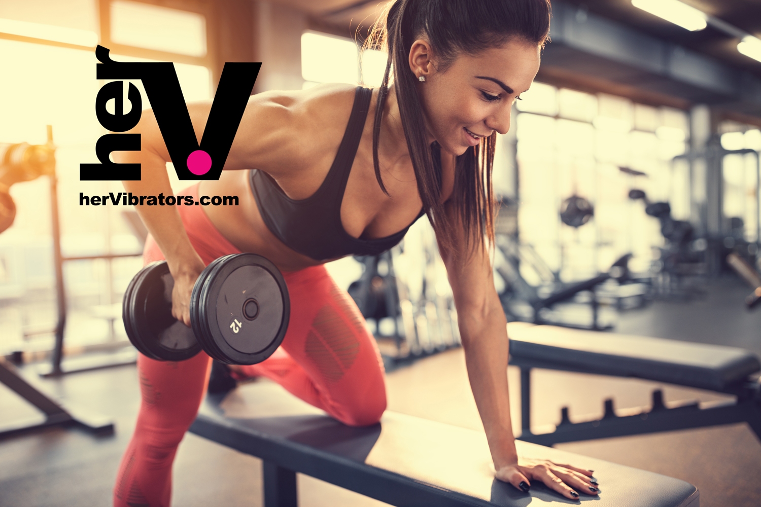 A fit woman wearing a black sports bra and red leggings performs a dumbbell row in a gym, illustrating the benefits of ben wa balls for pelvic floor strength.