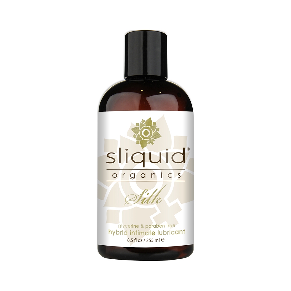 Bottle of 8.5 oz Organic Lube Sliquid showing clean, plant-based formula
