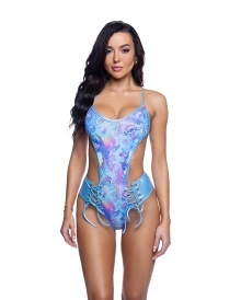 Mushroom Lace-Up Rave Bodysuit with a sleek one-piece silhouette and bold lace-up detail and festival-ready styling.