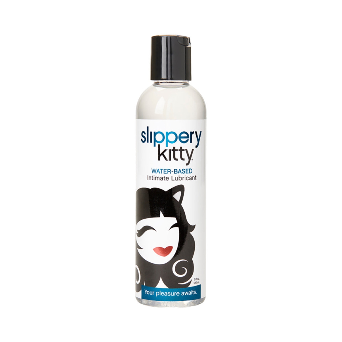 Bottle of  Water Based Lube Tickle Kitty showing clean, lightweight formula