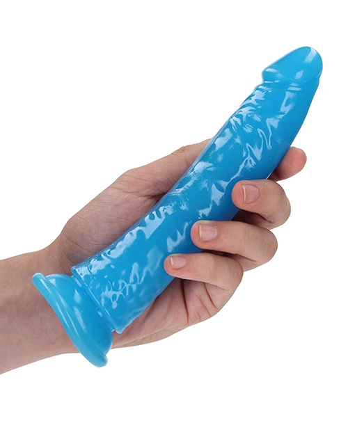 Shop Shots RealRock 7" Slim Dildo Glow in the Dark - Neon Blue