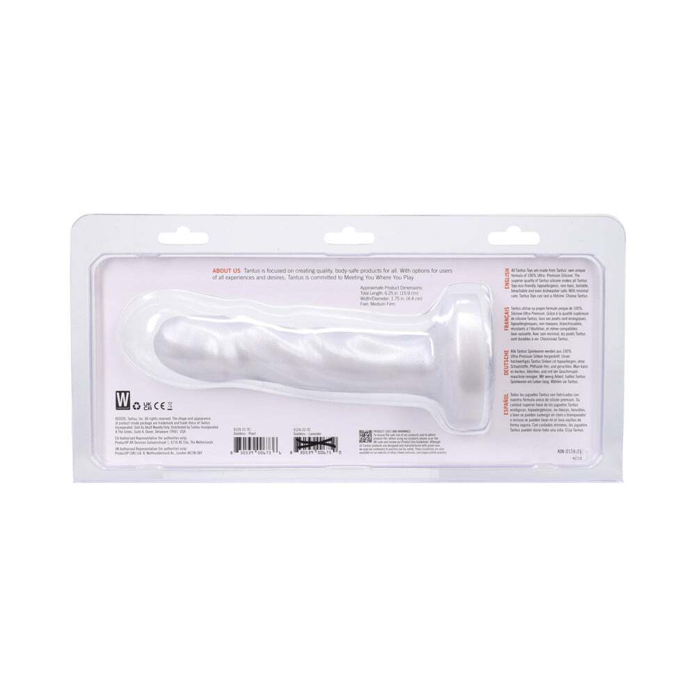 6.25 inch Dildo by Tantus in White displayed for pegging Him or Her