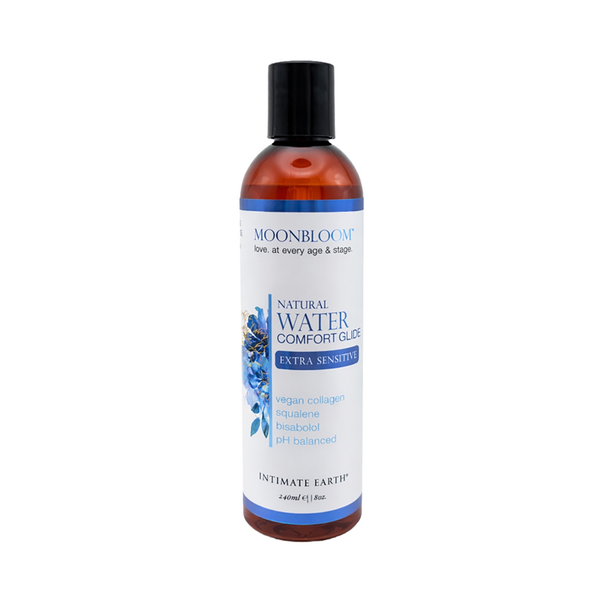 Bottle of  Water Based Lube Intimate Earth showing clean, lightweight formula